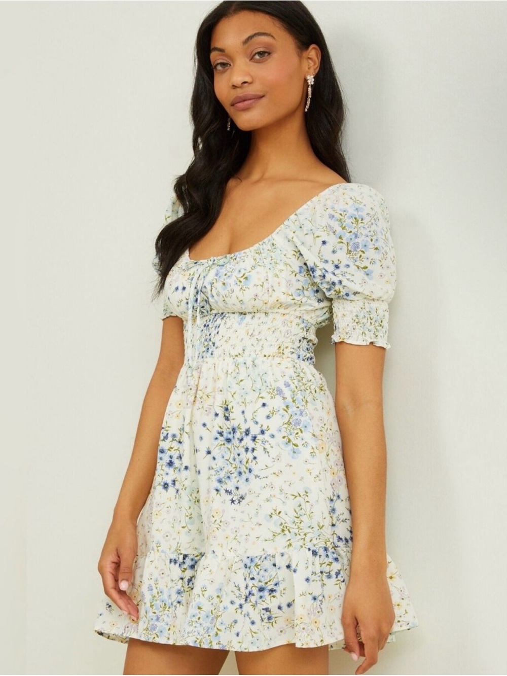 Altar’d State Floral Janelle Smocked Puff Sleeve Mini Dress - White/Blue